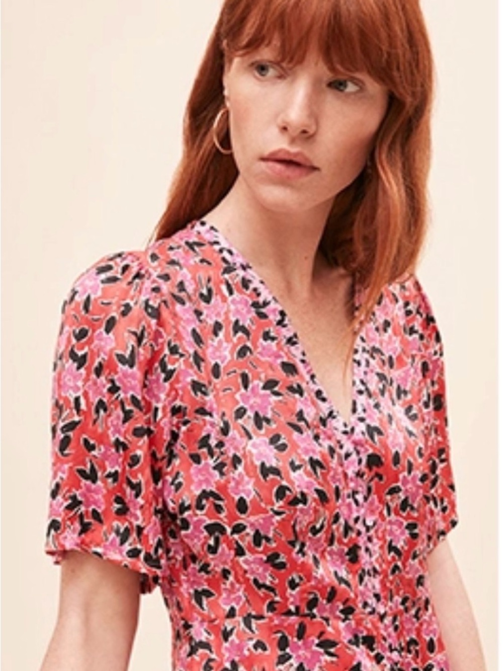 SUNCOO Pink and Black Floral midi Dress